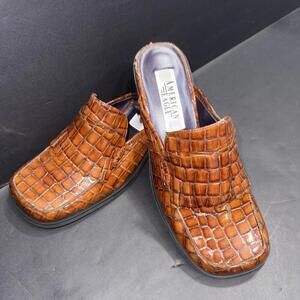 Vintage American Eagle Mules Leather Croc Embossed Slip On Brown Comfort Shoes 7